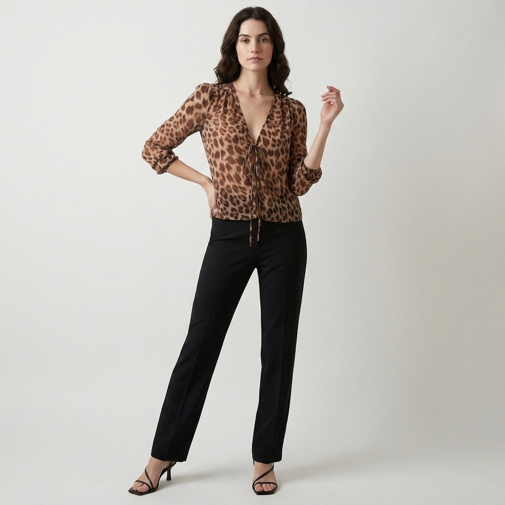 Tie Front Long Sleeve Sheer Blouse