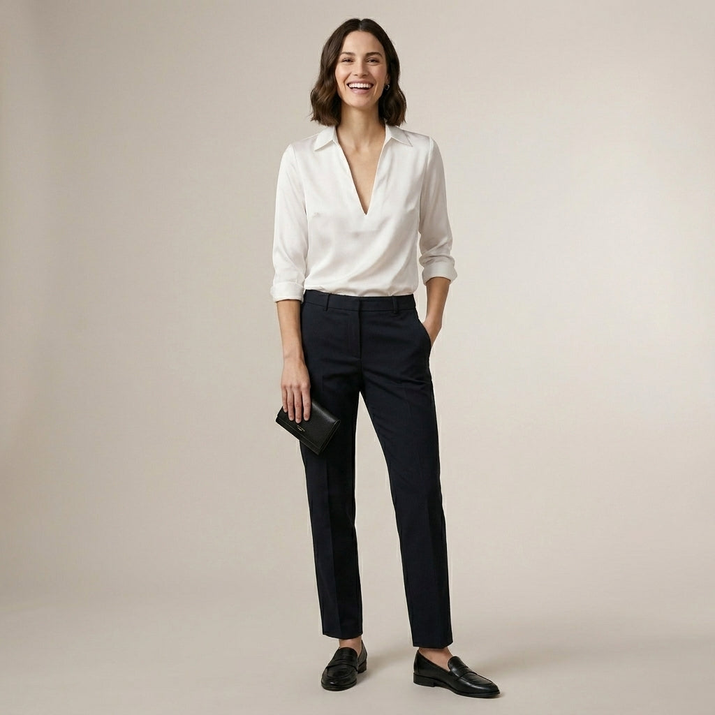 Tailored V-Neck Blouse with Spread Collar and Lustrous Finish