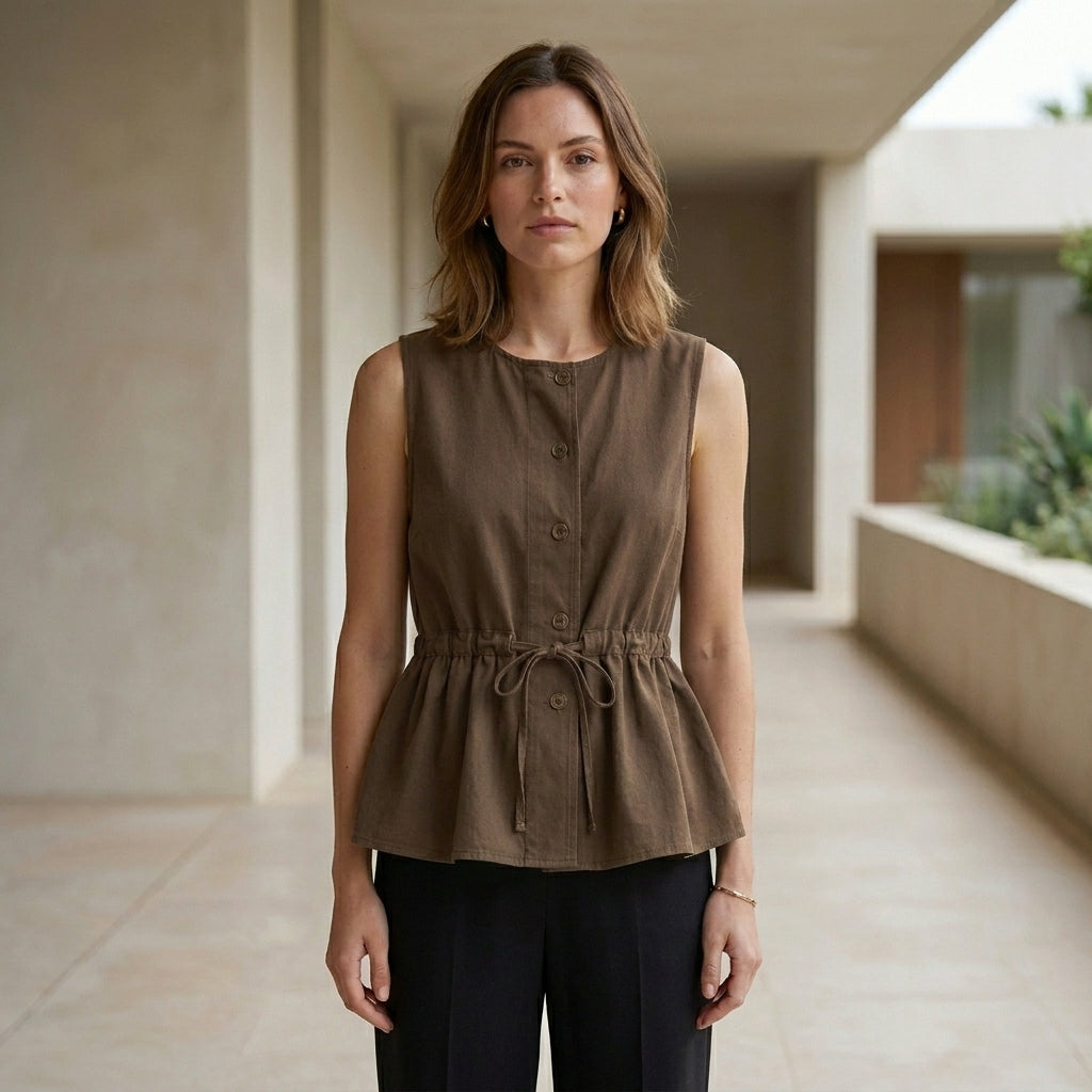 Sleeveless Peplum Blouse with Adjustable Tie Waist and Relaxed Fit