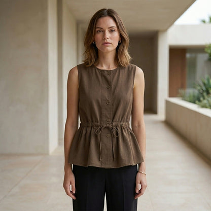 Sleeveless Peplum Blouse with Adjustable Tie Waist and Relaxed Fit