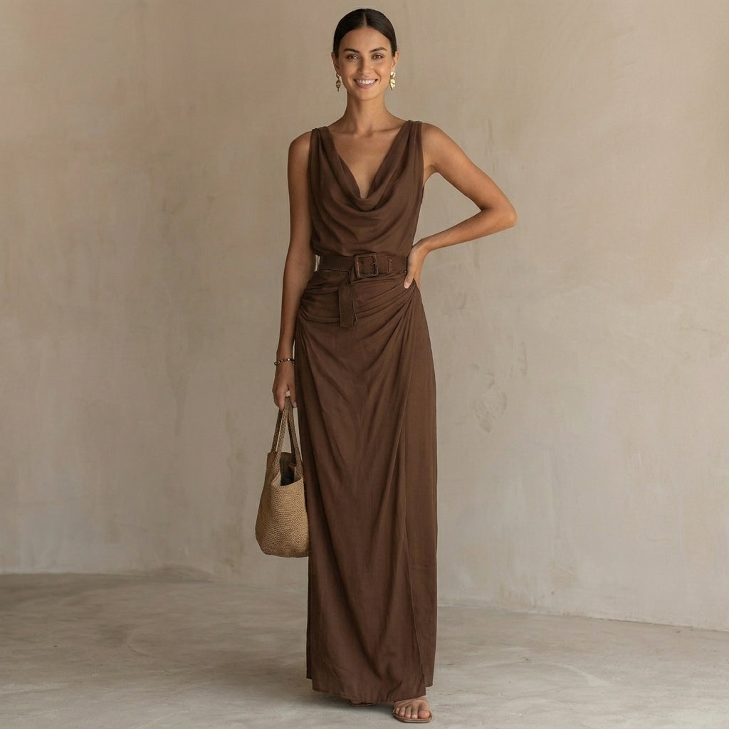 Flowing Cowl Neck Sleeveless Maxi Dress with Draped Belted Waist
