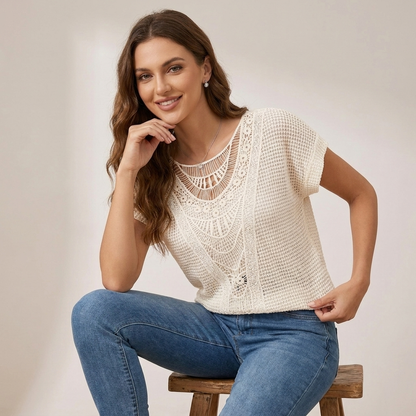 Relaxed Waffle-Knit Blouse with Intricate Openwork Bib