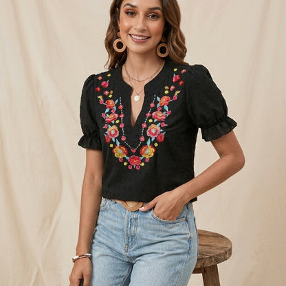 Embroidered Floral Notch Neckline Blouse with Puff Sleeve Detail