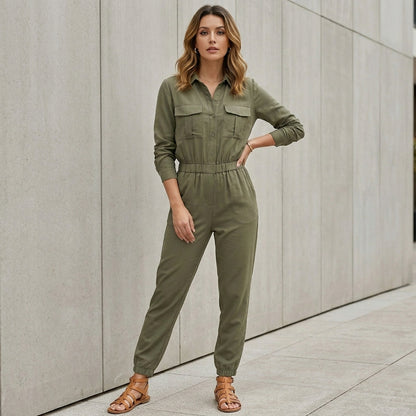 Utility Chic Button-Front Jumpsuit with Drawstring Waist