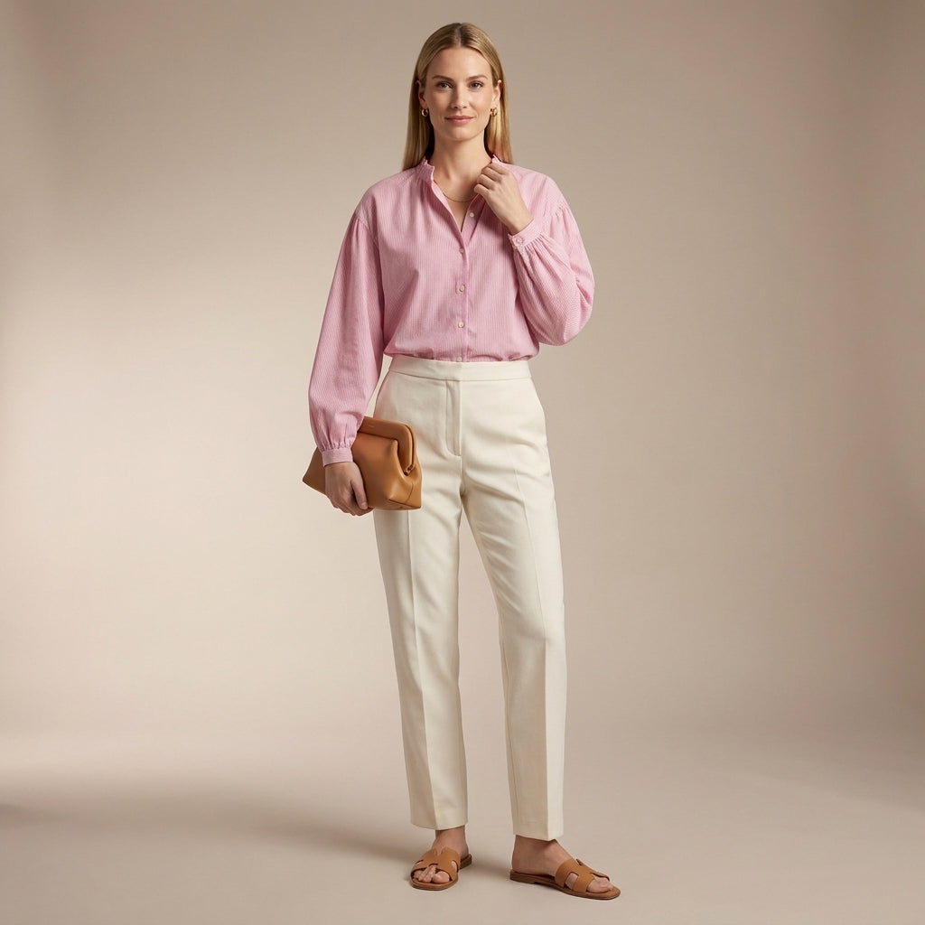 Relaxed Silhouette Blouse with Ruffled Collar and Balloon Sleeves