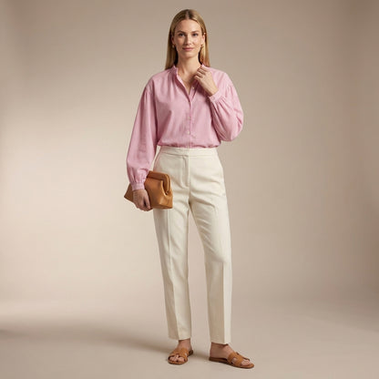 Relaxed Silhouette Blouse with Ruffled Collar and Balloon Sleeves