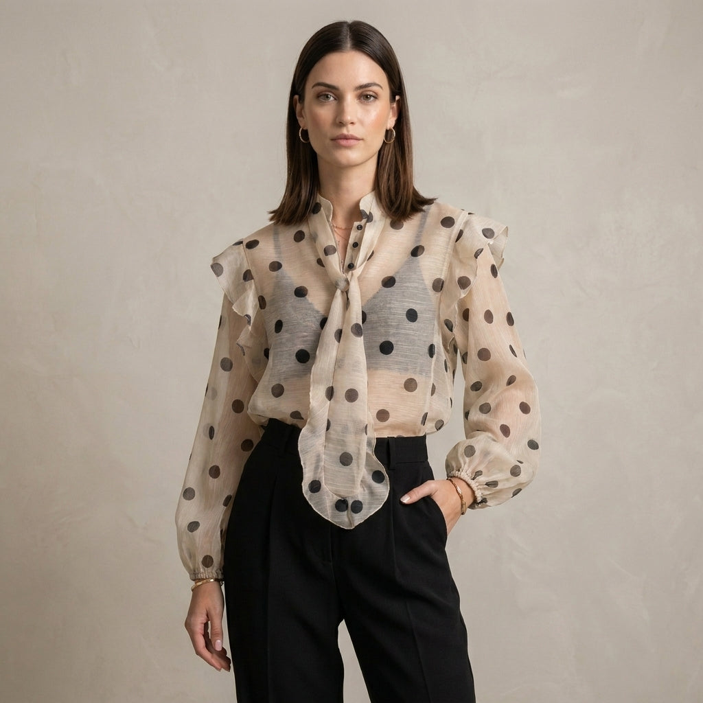 Sheer Polka Dot Blouse with Statement Tie Neck and Ruffle Details