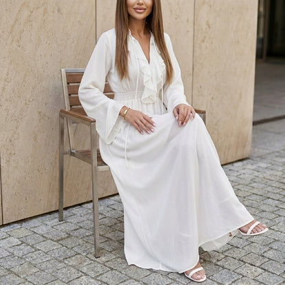 Elegant High-Waisted V-Neck Maxi Dress with Ruffled Trim and Flared Sleeves