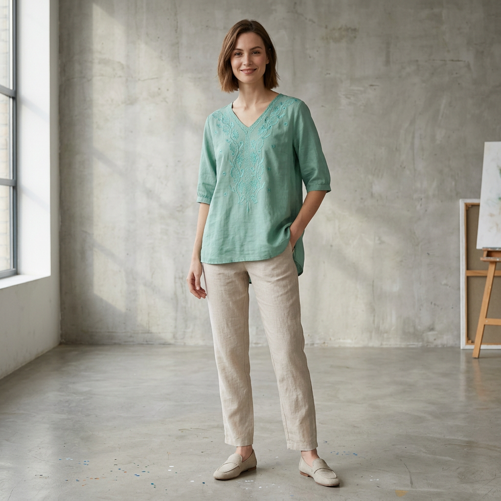 Relaxed V-Neck Blouse with Embroidered Floral Accents and High-Low Hem