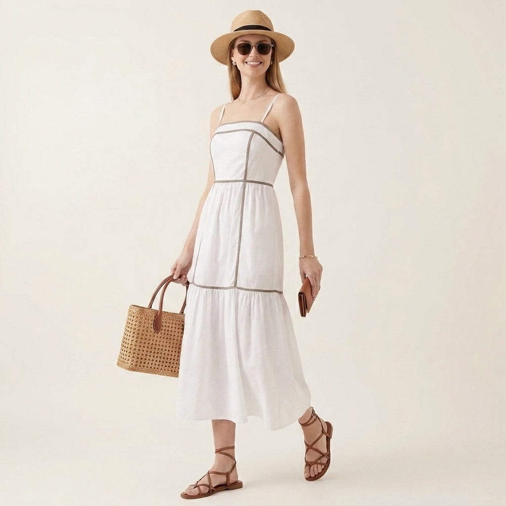 Tiered Midi Dress with Structured Bodice and Flowing Gathered Skirt