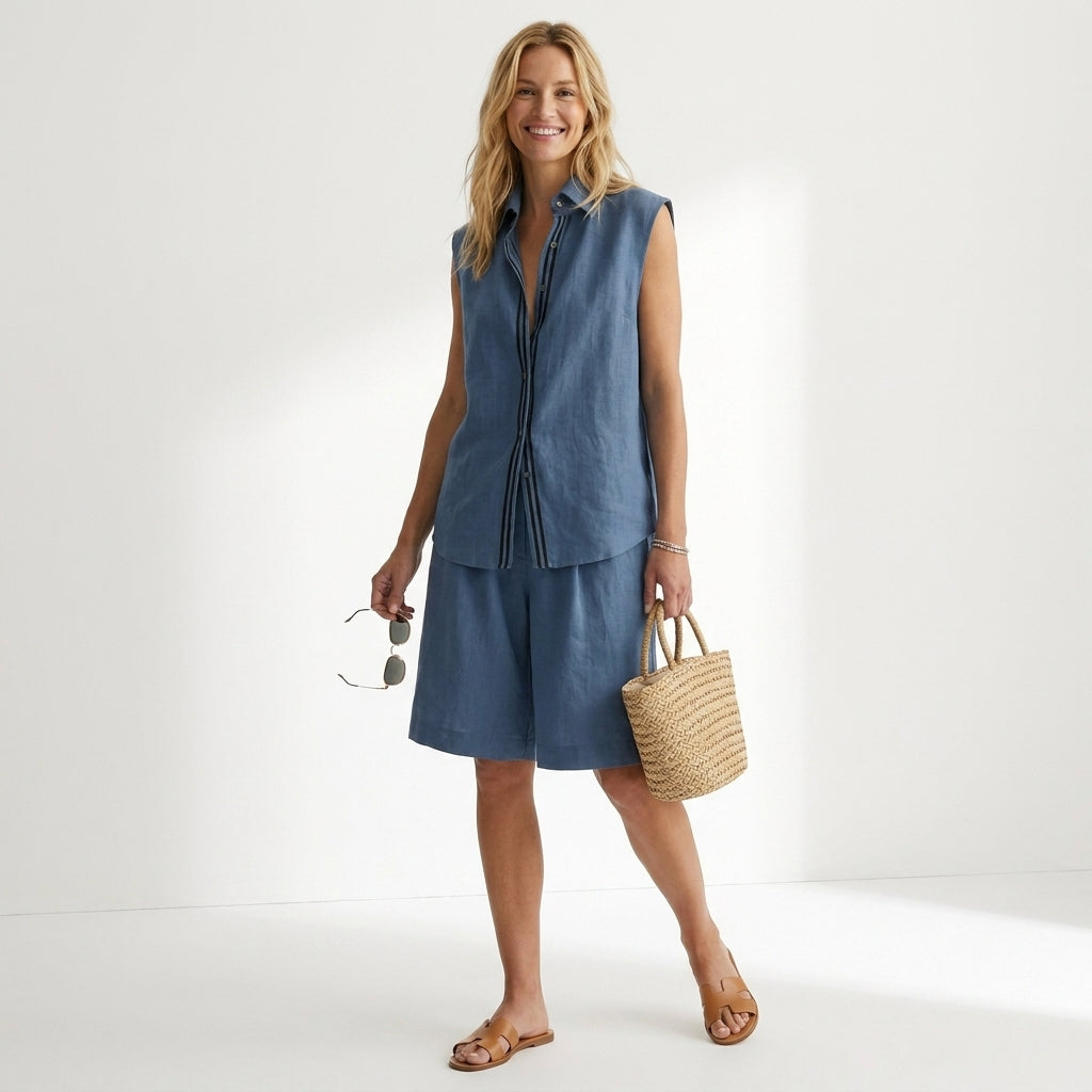 Relaxed Sleeveless Button-Up Shirt and Wide-Leg Pleated Shorts Set