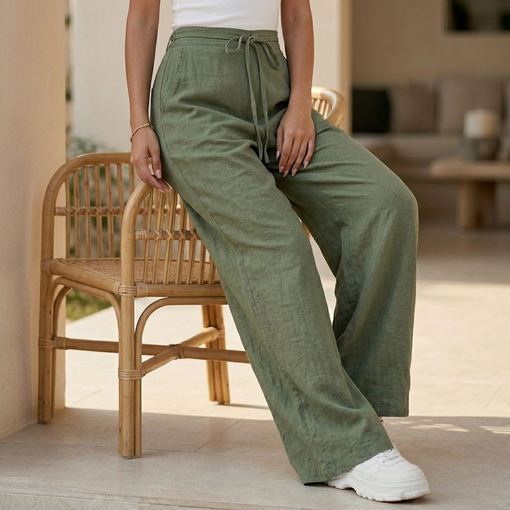 High-Rise Wide Leg Pants with Drawstring Waist and Soft Draping
