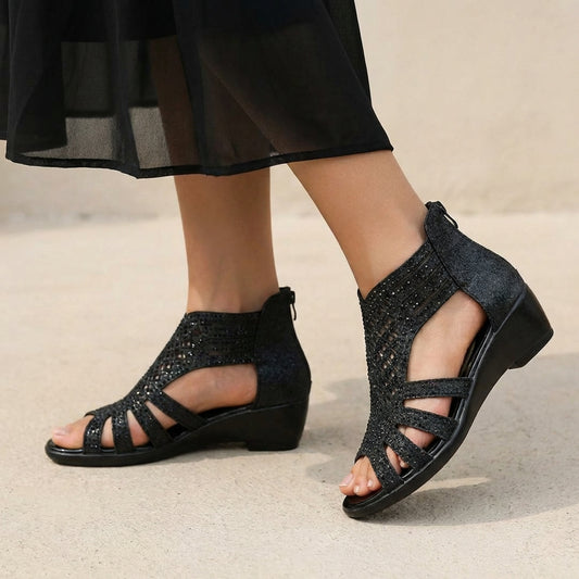 Modern Cut-Out Wedge Sandals with Back Zipper
