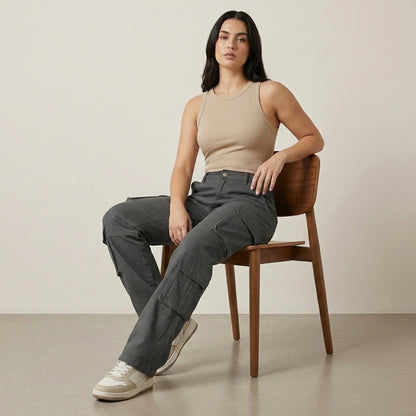 Relaxed Wide-Leg Cargo Pants with Utility Pocket Details