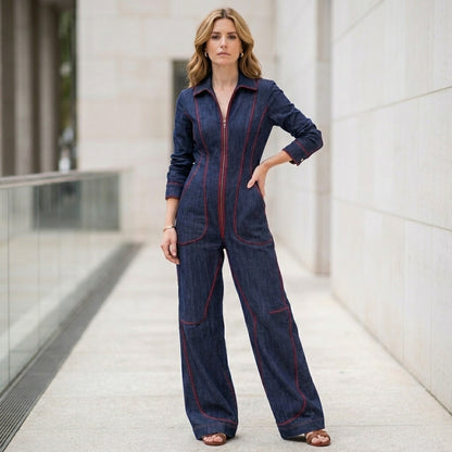 Tailored Zip-Front Contrast Stitch Wide-Leg Jumpsuit