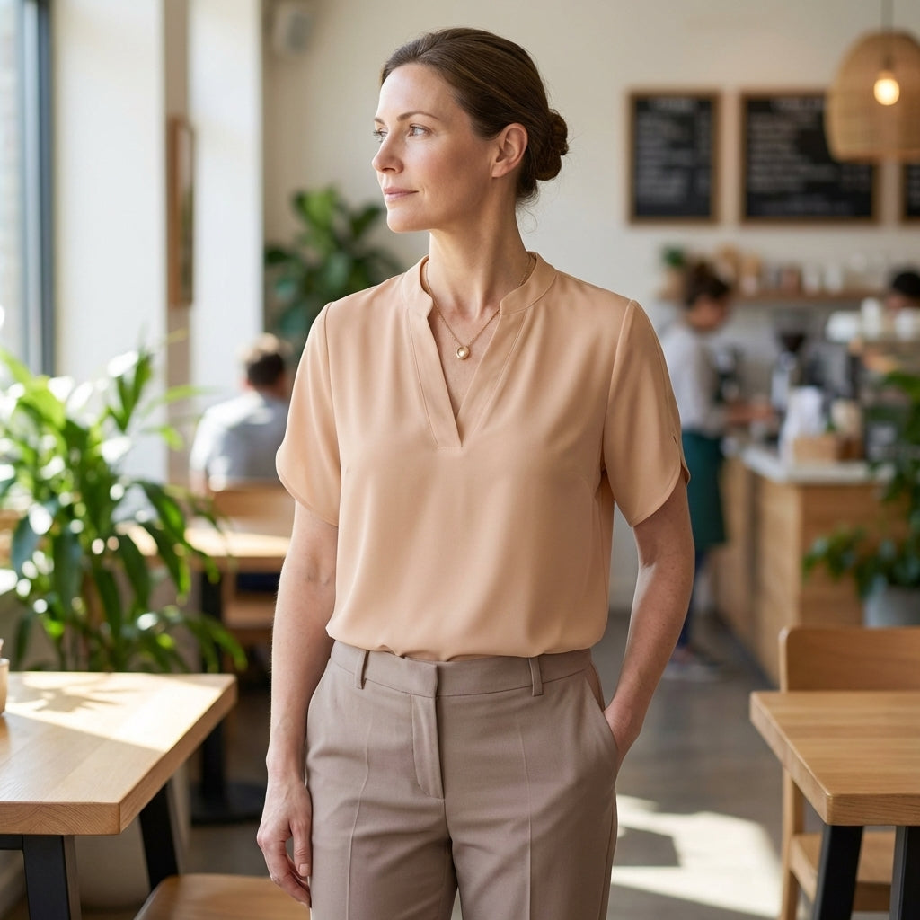 Dionne Relaxed V-Neck Blouse with Band Collar and Split Sleeves