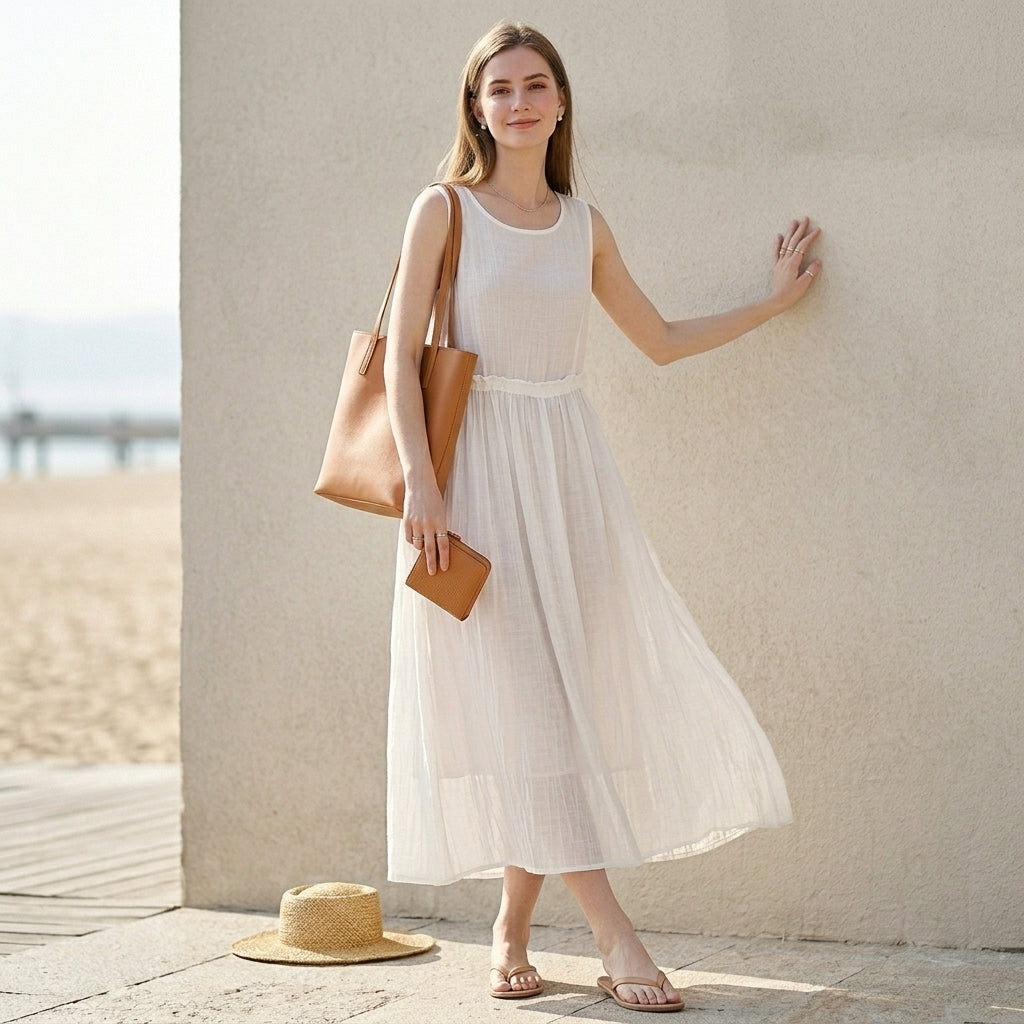 Sleeveless Maxi Tank Dress with Drawstring Waist and Crinkled Texture