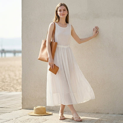 Sleeveless Maxi Tank Dress with Drawstring Waist and Crinkled Texture