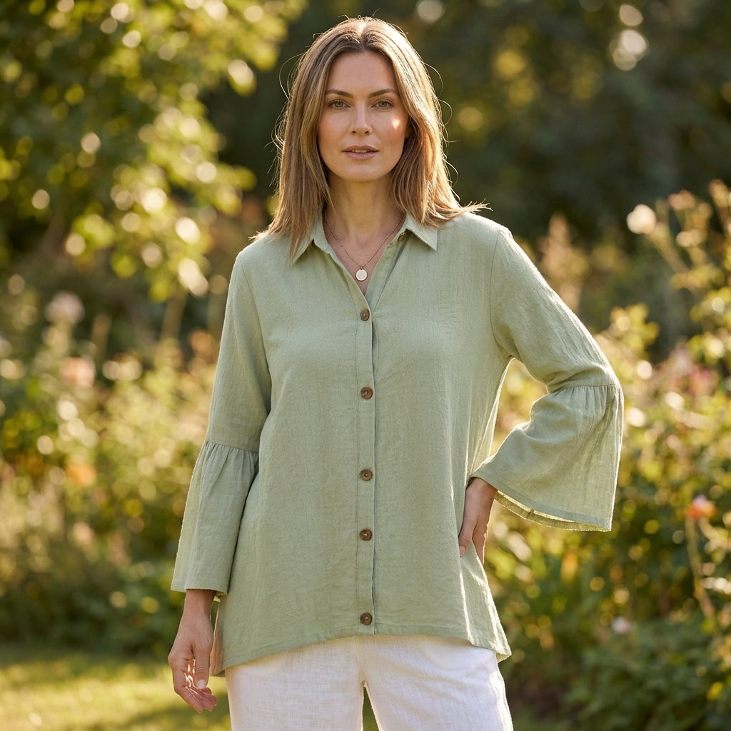 Relaxed Fit Textured Button-Down Blouse with Flared Bell Sleeves
