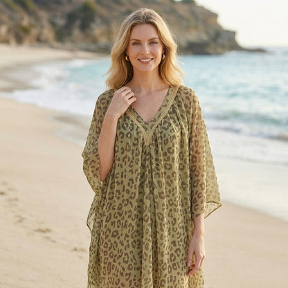 Leopard Print Oversized Kaftan Dress with Embellished V-Neck