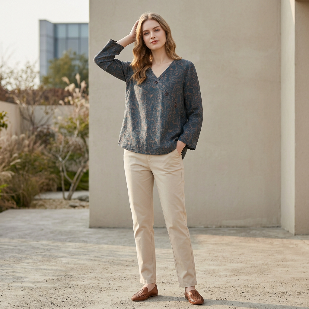 Relaxed Crosswrap Blouse with V-Neck and High-Low Hem