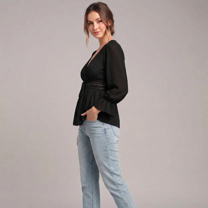 Romantic V-Neck Wrap Blouse with Lace Detailing and Ruffled Sleeves