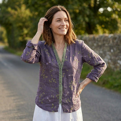 Botanical Print Relaxed Blouse with Embroidered V-Neck Detail