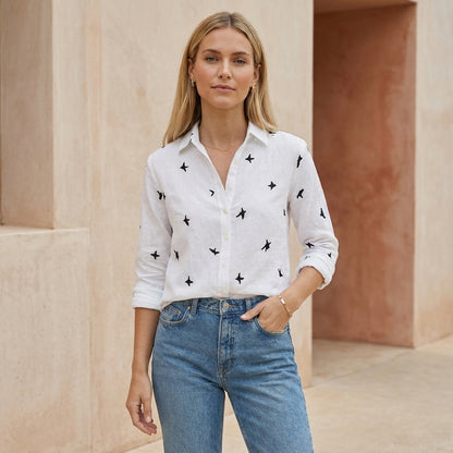 Relaxed Collared Button-Down Blouse with Whimsical Print and Soft Woven Texture