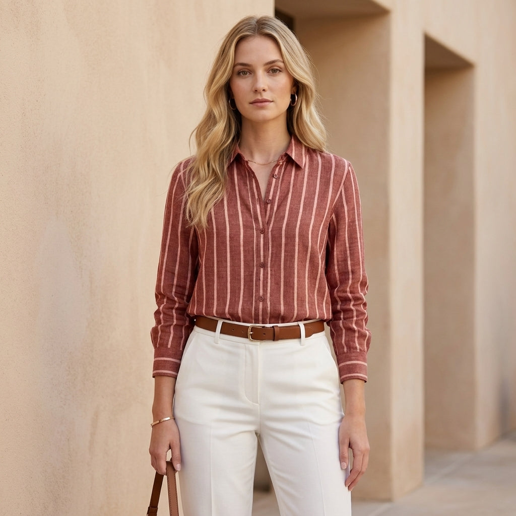 Relaxed Fit Woven Blouse with Stand Collar and Vertical Stripes