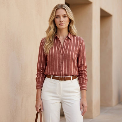Relaxed Fit Woven Blouse with Stand Collar and Vertical Stripes
