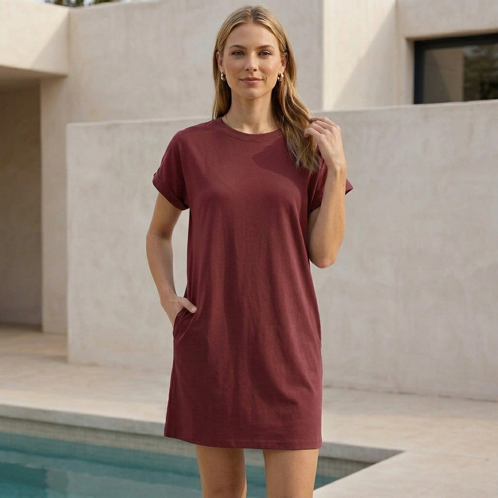 Relaxed Mini Dress with Ribbed Crew Neck and Rolled Cuffs