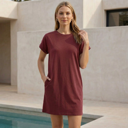 Relaxed Mini Dress with Ribbed Crew Neck and Rolled Cuffs