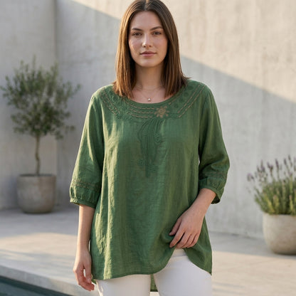 Bohemian-Inspired Relaxed Blouse with Eyelet Embroidery and 3/4 Sleeves