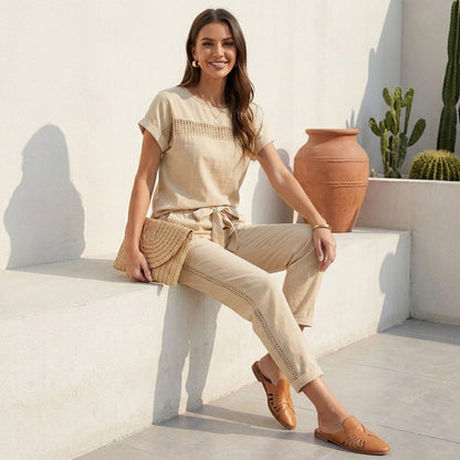 Lightweight Woven Two-Piece Set with Mesh Accents and Self-Tie Waist