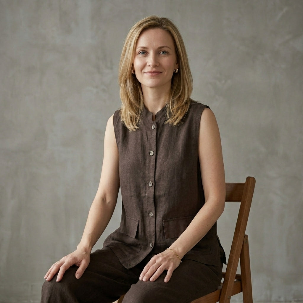 Minimalist Button-Up Sleeveless Blouse with Relaxed Fit and Front Pockets