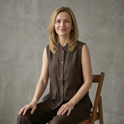 Minimalist Button-Up Sleeveless Blouse with Relaxed Fit and Front Pockets