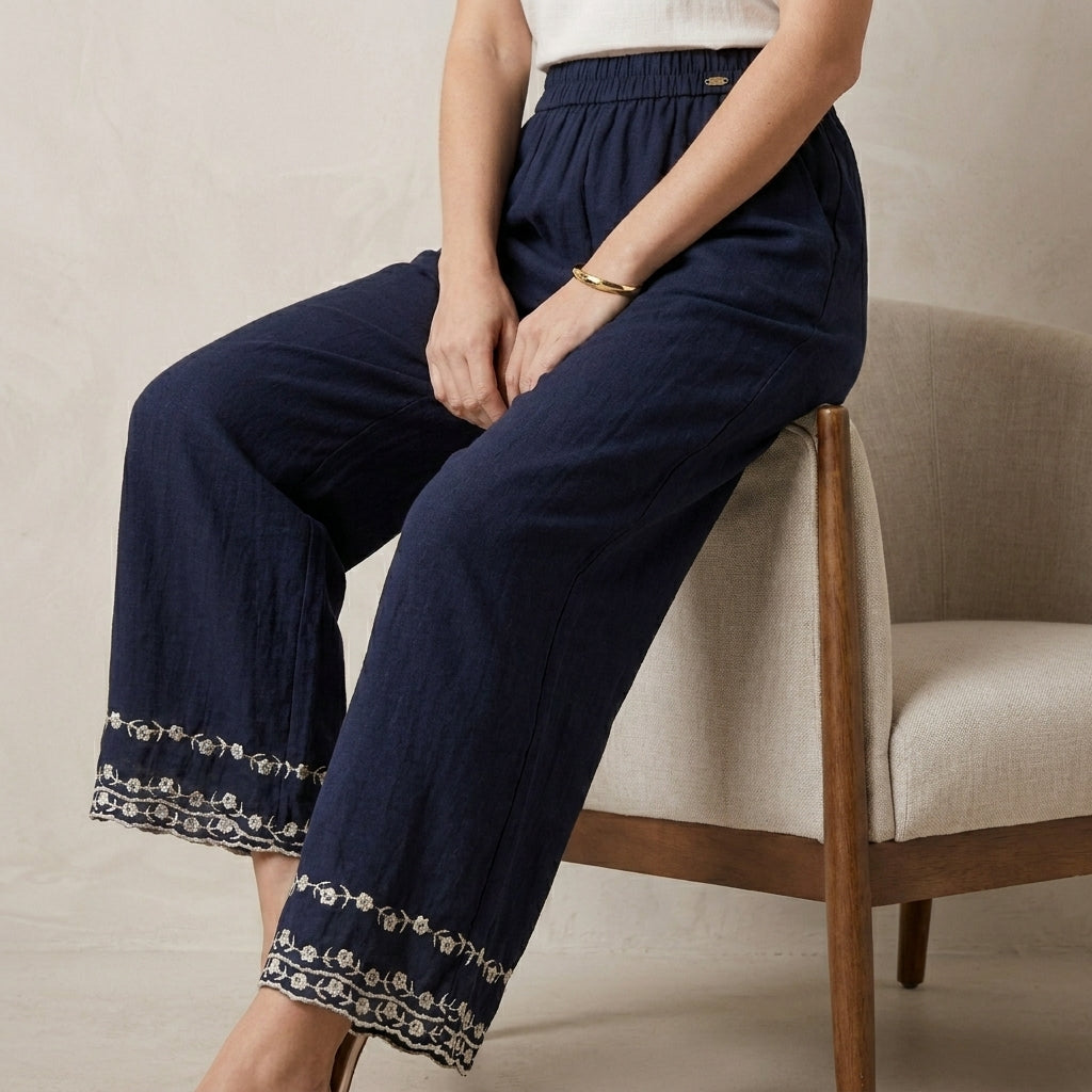 Coastal Breeze Embroidered Hem Relaxed Wide-Leg Pants