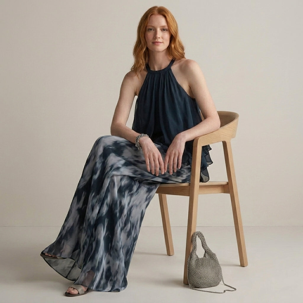 Midnight Mist Halter Blouse and Flowing Pant Set