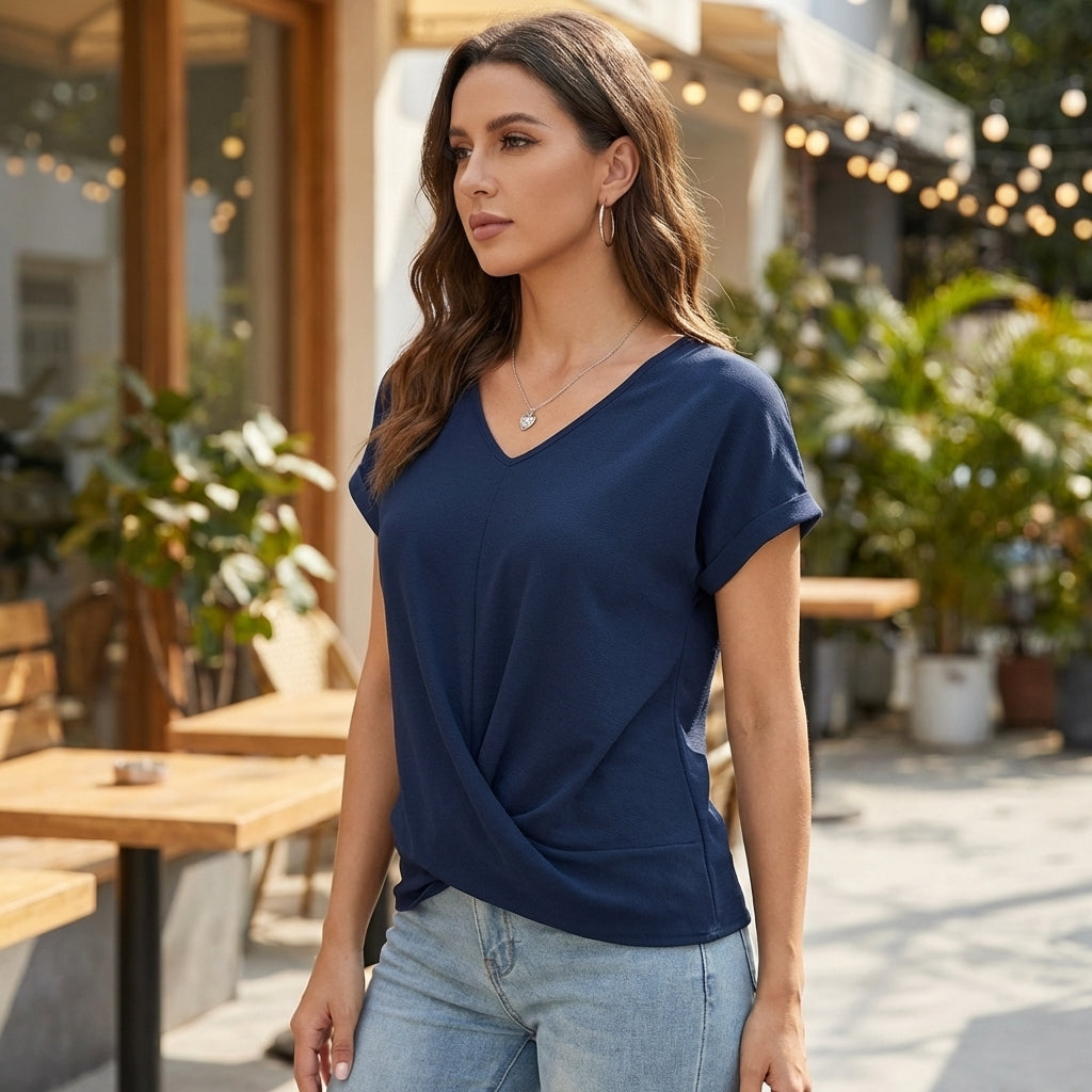 Relaxed V-Neck Top with Twist Front and Cuffed Sleeves