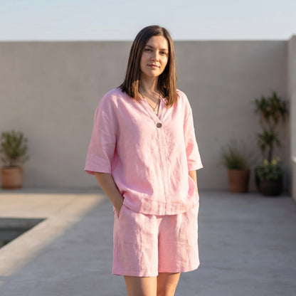 Oversized Woven Two-Piece Set with V-Neck Shirt and High-Waist Shorts