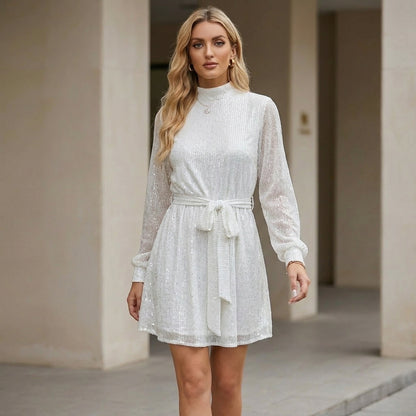 Sequin Mini Dress with Mock Neck and Self-Tie Waist