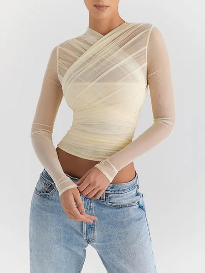 Sheer Overlay Long Sleeve Cropped Top