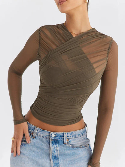 Sheer Overlay Long Sleeve Cropped Top