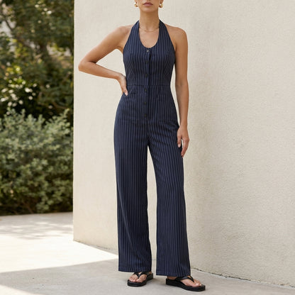Tailored Pinstriped Halter Neck Jumpsuit with Wide-Leg Silhouette