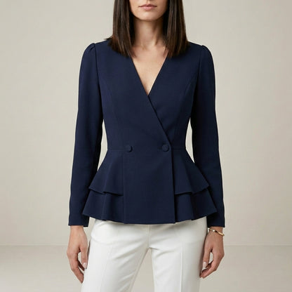 Tailored Peplum Wrap Blouse with Statement Sleeves