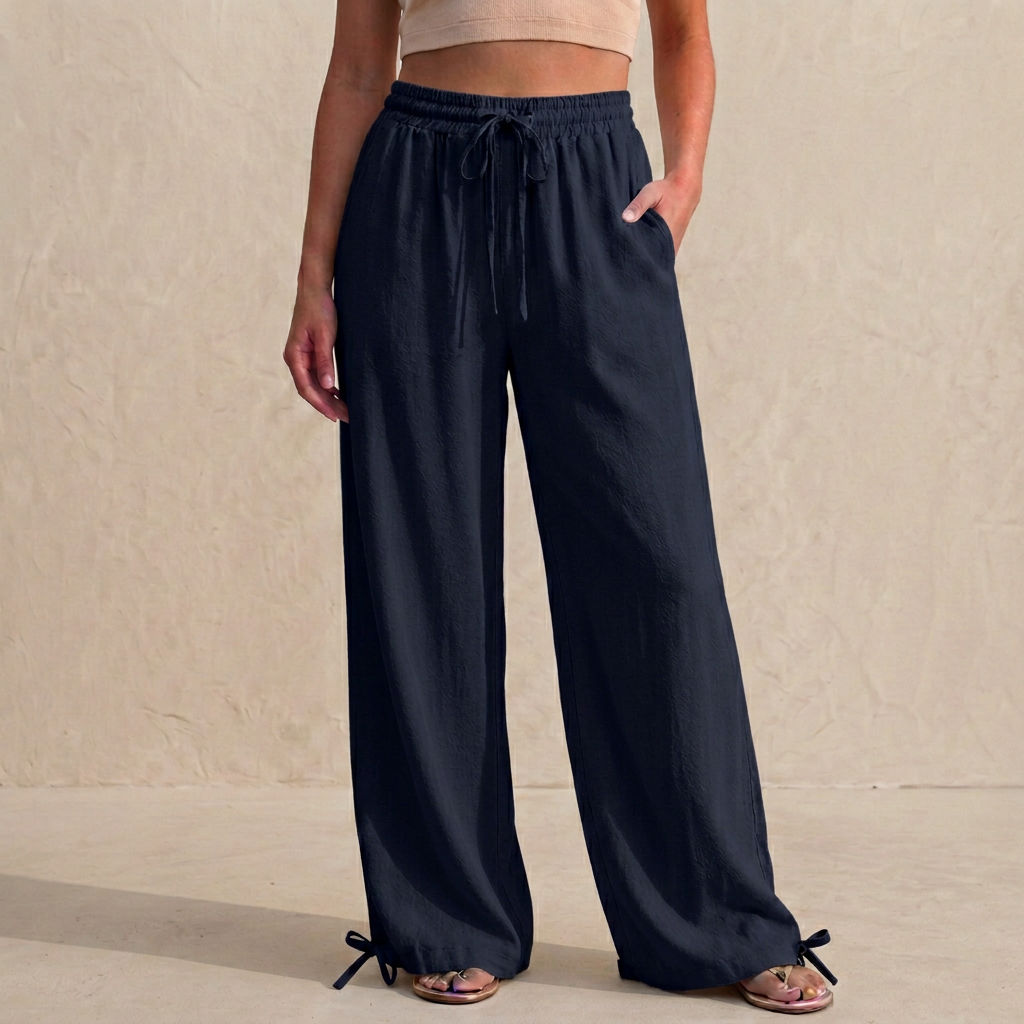 Relaxed Wide-Leg Trousers with Drawstring and Ankle Tie Detail
