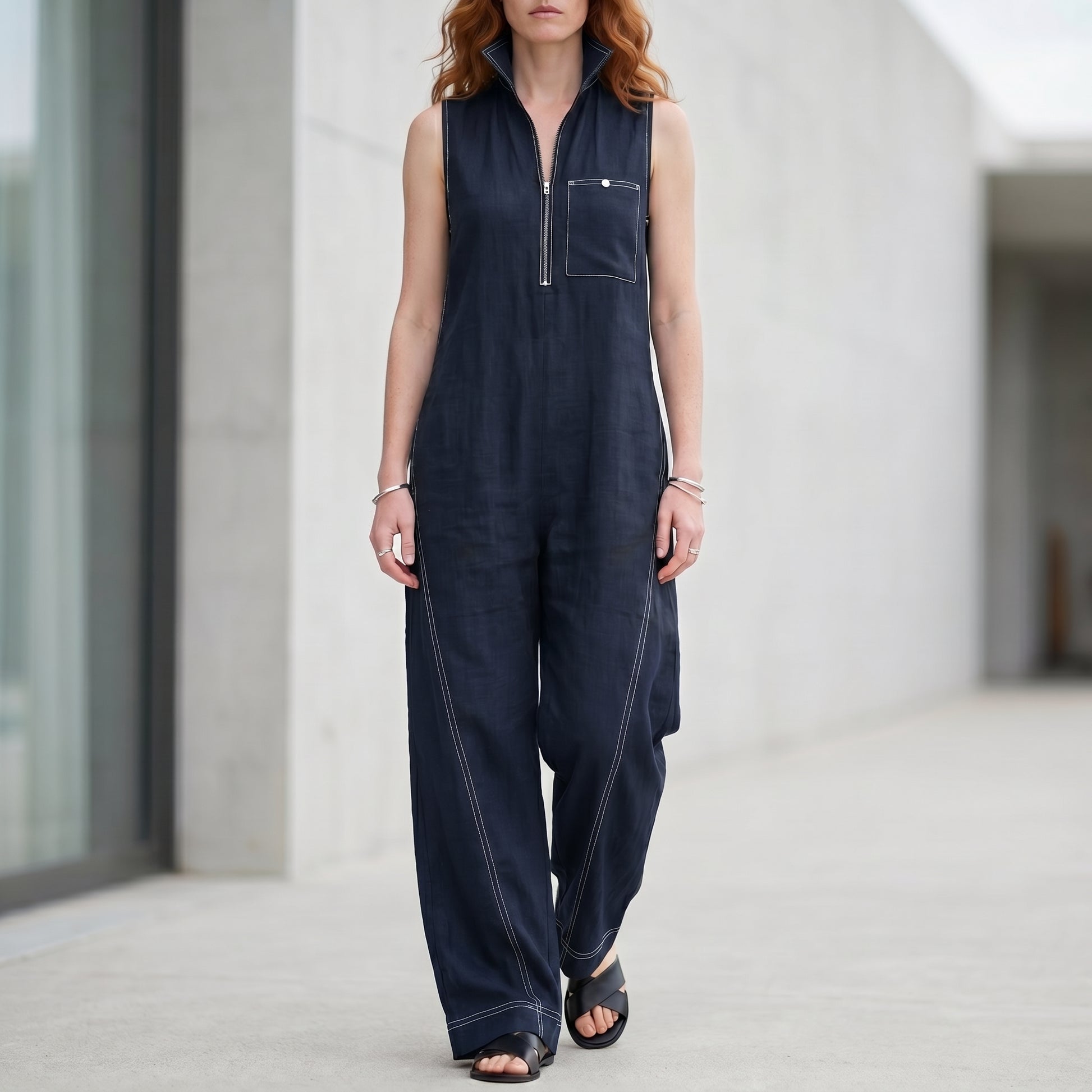 Tailored Zip-Front Sleeveless Wide-Leg Jumpsuit