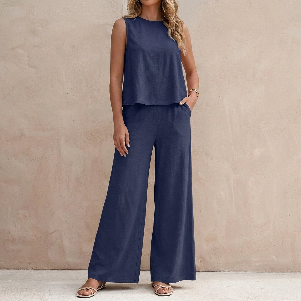 Sunlit Sleeveless Two-Piece Set with Flowing Wide-Leg Pants