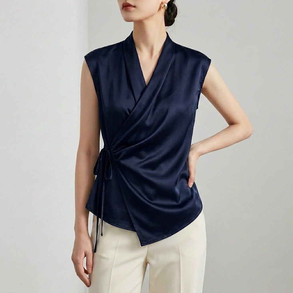 Tailored Sleeveless Wrap Blouse with Pleated Draping and Side Tie Closure