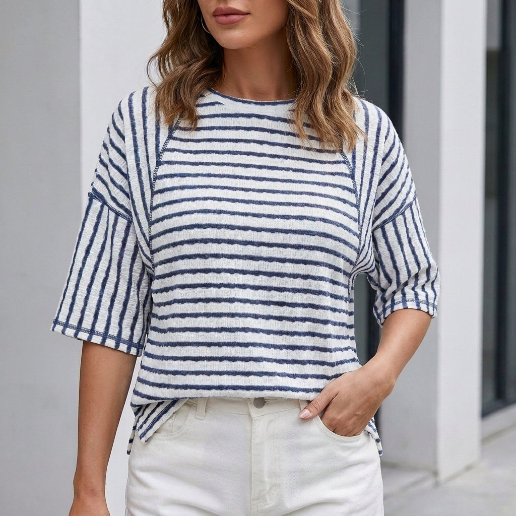 Relaxed Coastal Stripe Textured Blouse for Everyday Elegance